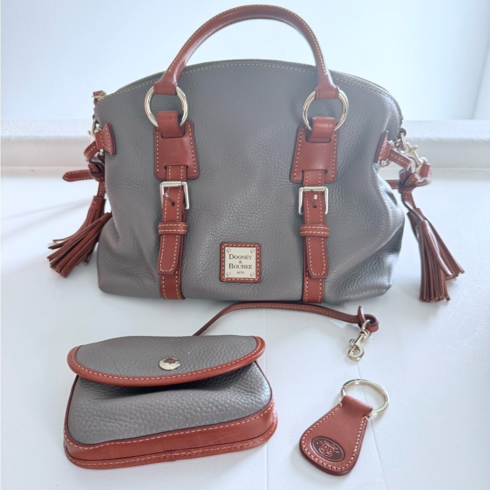 Dooney & Bourke Satchel Pebble Gray & Brown Gold with Pouch & Keychain